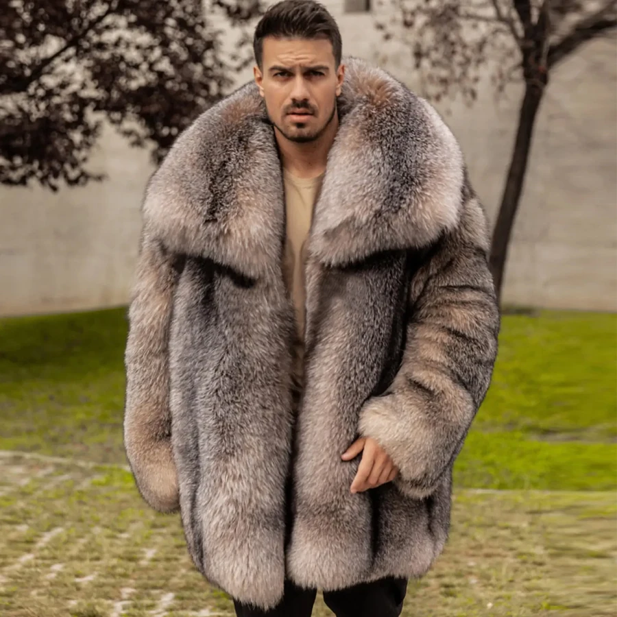 Real Fur Coat Men Genuine Fox Fur Coats Warm Winter Long Jacket Full Skin High Quality Silver Blue Frost Fox Fur Clothes