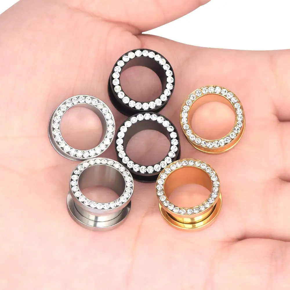 2PCS Double Flared Ear Tunnels Screw Fit Plugs 316L Stainless Steel CZ Stones Ear Gauges Expanders Body Piercing 6-14mm