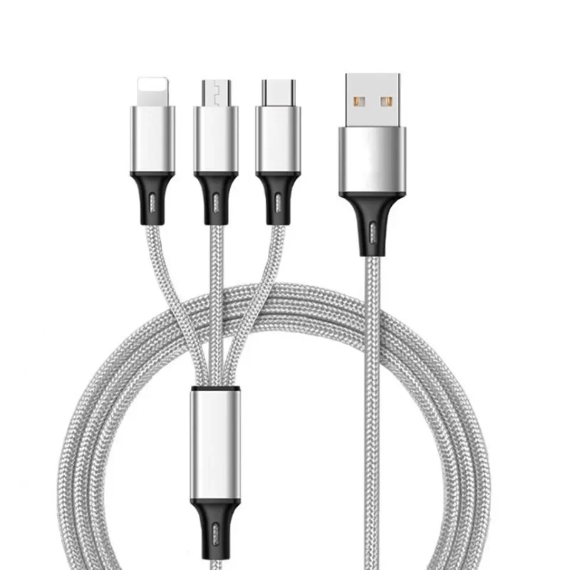 Câble de données One Drag Three pour Apple Android Typec 3 en 1, Charge rapide, tresse en Nylon de 1.2m, Transmission de données pratique et rapide