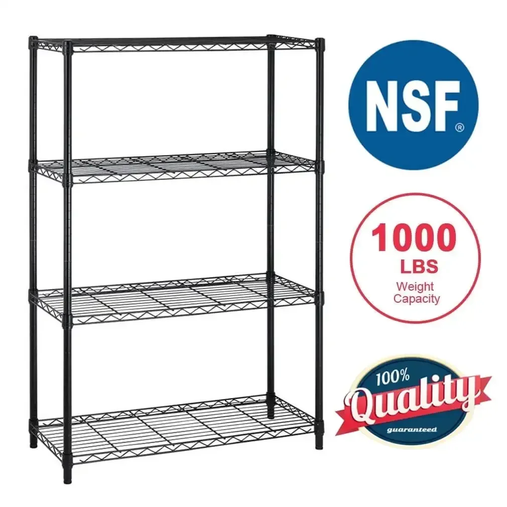 4 Shelf Wire Shelving Unit Garage NSF Wire Shelf Metal Storage Shelves Heavy Duty Height Adjustable for 1000 lbs Capacity Black