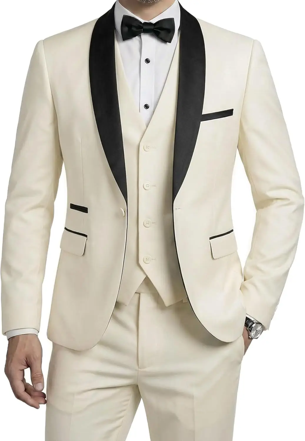 

Мужской костюм-тройка приталенного кроя: смокинг с однобортным пиджаком, жилетом и брюками премиум-класса