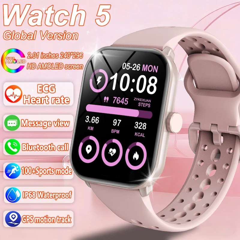 

Новые умные часы Watch 5 для женщин с AMOLED-экраном, фитнес-трекером, измерением пульса, ЭКГ, водонепроницаемостью, GPS-трекингом, функцией звонков, совместимые с iOS и Android.