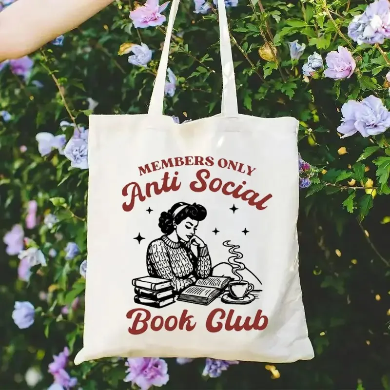 Anti-sociaal boekclub draagtas voor dames Canvas vierkante draagtas met boekenliefhebber Ruim voor reizen, werk, school, winkelen en feesten