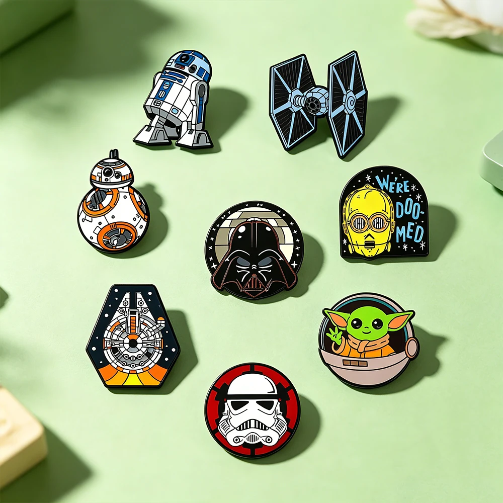 8pcs Star Wars Enamel Brooch Set R2-D2 BB-8 TIE Fighter Darth Vader Millennium Falcon Stormtrooper Grogu Clothing Jewelry image 4