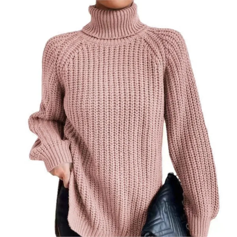 Women's Sweater Autumn Winter Solid Color Long Sleeve High Collar Knitted Top Soft Comfortable Loose Warm Office Ladies Pullover