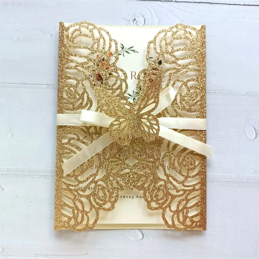 

Butterfly Invitation With Bow Floral Laser Cut Invitation For Wedding Birthday quinceanera 50 sets
