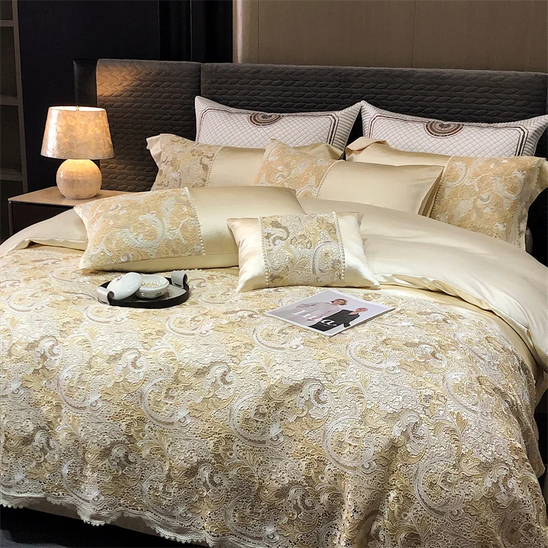 Champagne Relief Lace Edge Brocade Egyptian Cotton Patchwork Bedding Set Soft Silky Luxury Duvet Cover Set Bed Sheet Pillowcases