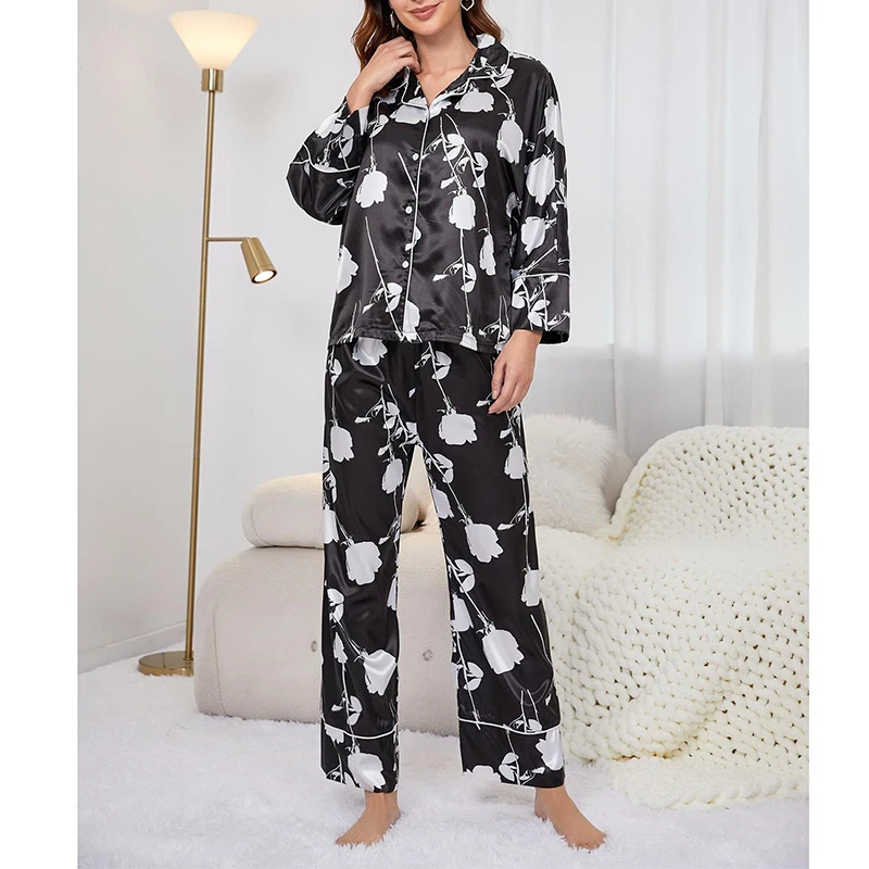 

Silk Satin Floral Print Pajamas For Women's Autumn Lapel Nightwear Long Sleeve Cardigan Trousers Sets Home wear Suit Sleepwear