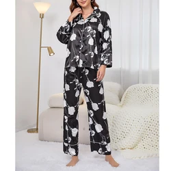 Silk Satin Floral Print Pajamas For Women's Autumn Lapel Nightwear Long Sleeve Cardigan Trousers Sets Home wear Suit Sleepwear