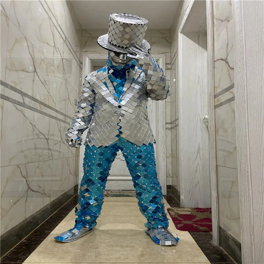 BV11 Cosplay stage dance costumes party wears dj silver mirror robbot men suit mirror glass outfits silver jacket model perform