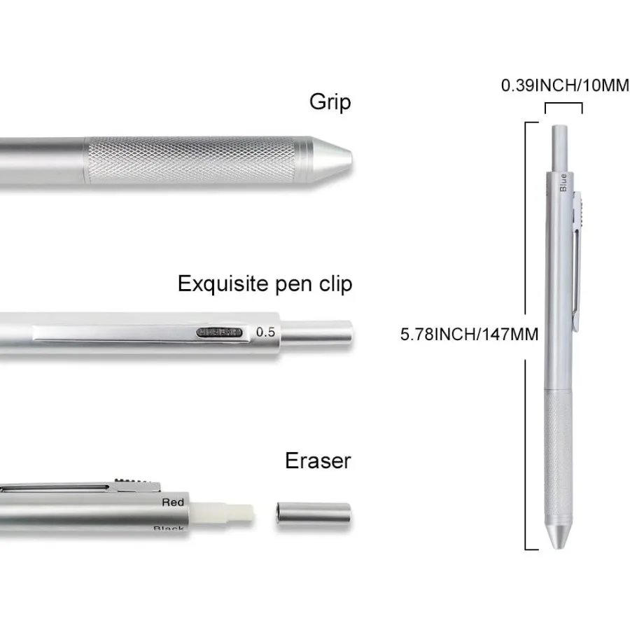 SMTTW 4-in-1 Multi-Function Refillable and Retractable Ballpoint Pen with 0.5mm Mechanical Pencil Fine Point Silver Metal Barre