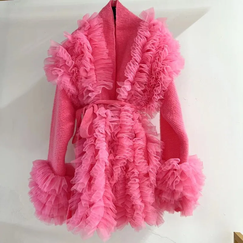 

Lusury rhinestone Women Crocheted Mesh Ruffles Stitching Sweater Coat Gauze Ruched Spliced Hooked Knitted Cardigan Knitwear