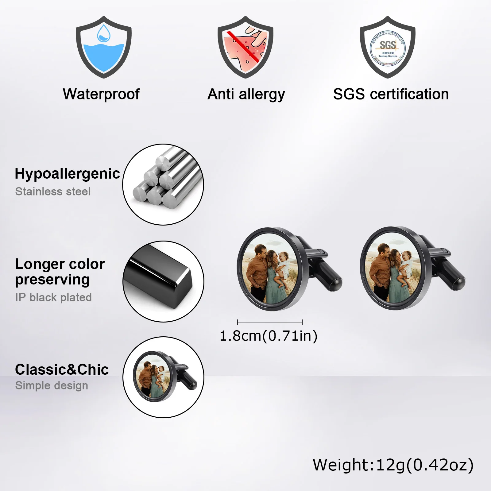 Gemelli con foto personalizzati per uomini e ragazzi, gemelli con foto impermeabili, regalo di gioielli casual per marito padre papà