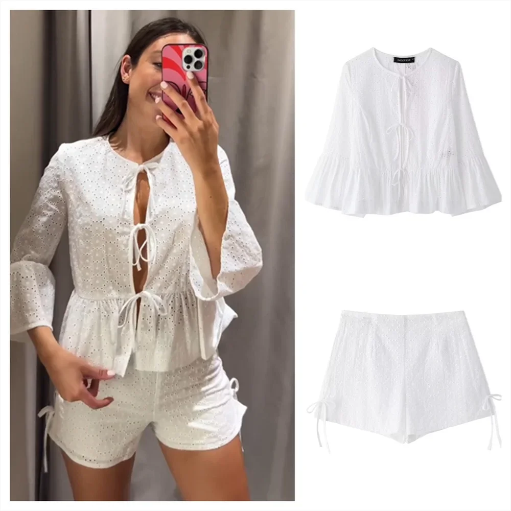 PB&ZA2024 autumn new women\'s fashionable temperament slim fit casual versatile hollow embroidery shirt high waist shorts set