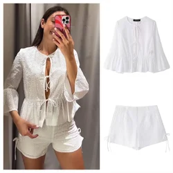 PB&ZA2024 autumn new women's fashionable temperament slim fit casual versatile hollow embroidery shirt high waist shorts set