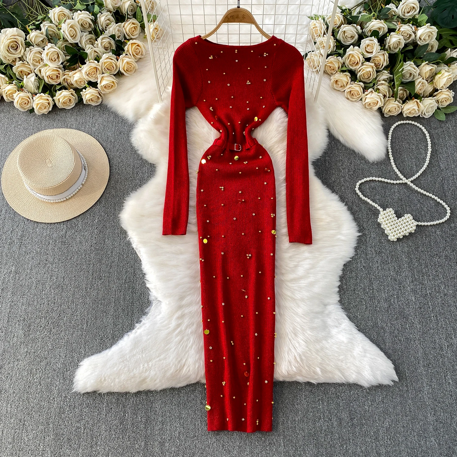 Schickes, sexy, elegantes, langärmliges, figurbetontes O-Ausschnitt-Kleid für Damen, koreanische Abendkleider für Modezeremonie