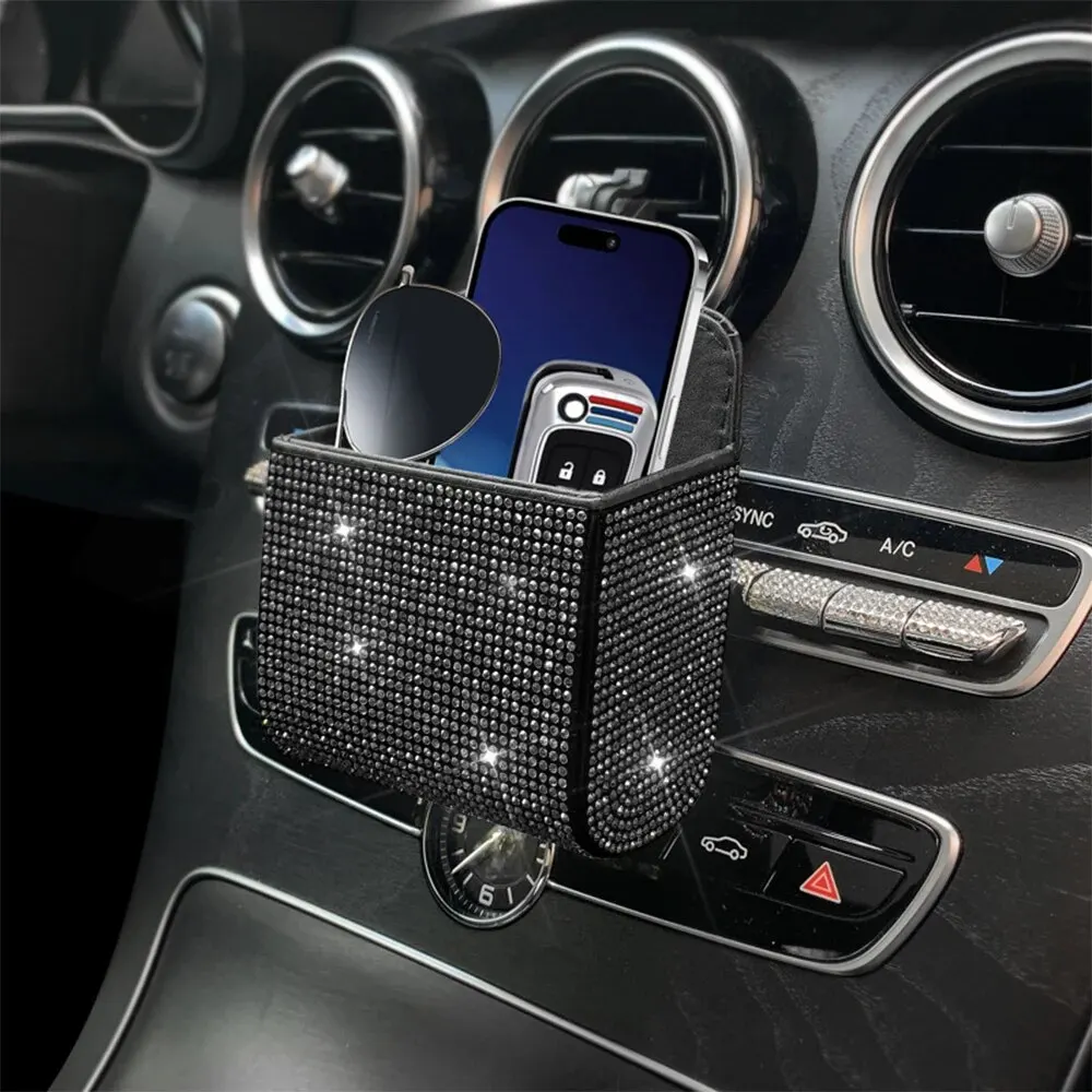 Car Storage Box Diamond-encrusted Car Air Conditioning Outlet Storage Multi-functional Leather Full Diamond Bag Auto Accessories