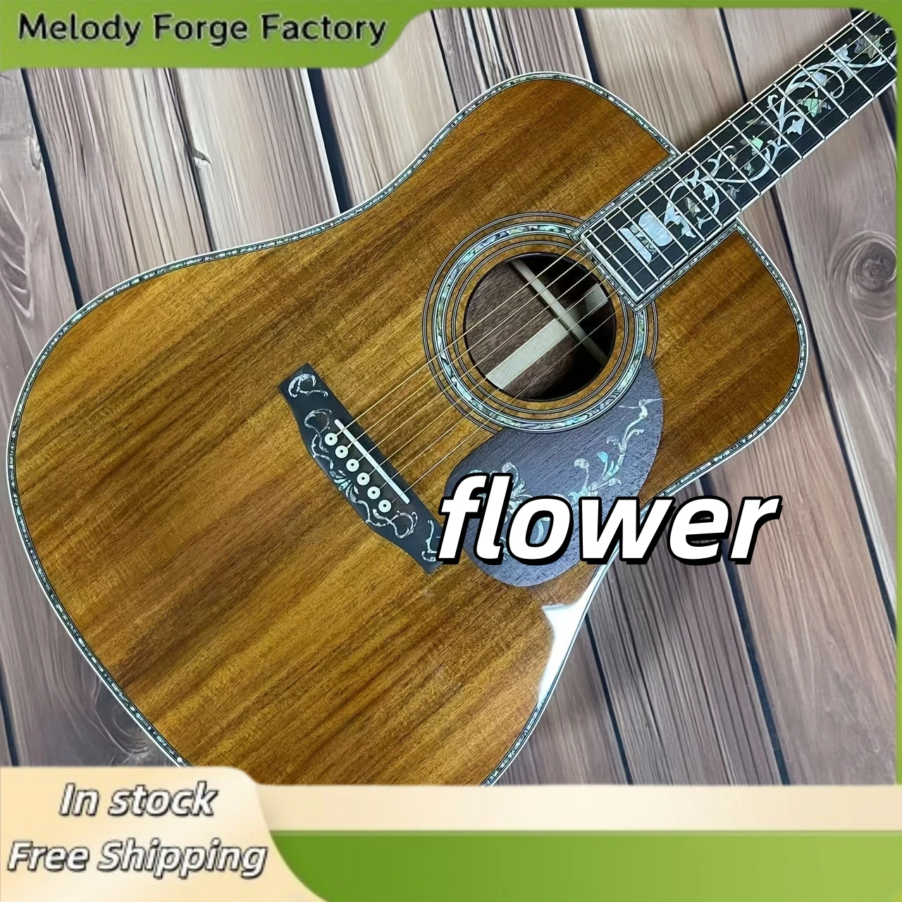 

Акустическая гитара с корпусом из коа, инкрустацией из перламутра и цветочными узорами, цельной верхней декой, грифом из черного дерева. Отличный динамический звук для семейного пения и игры.