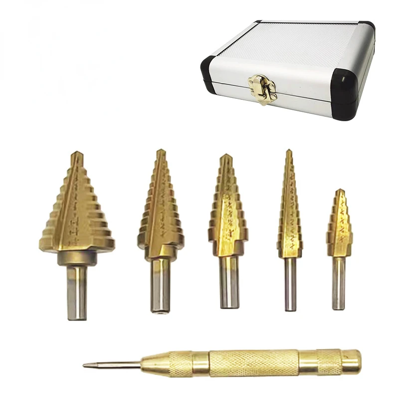 Aluminium Doos Set Van Titanium Geplateerde Stap Boor Pagode Bit 6 Stuks High-Speed Staal Multifunctionele Gat Ruimer