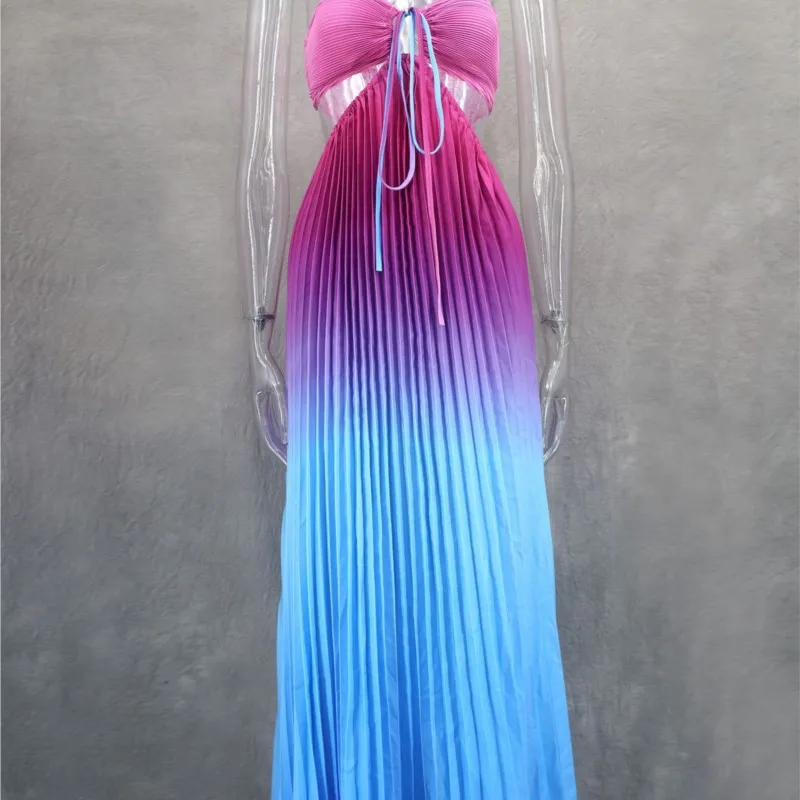 مثير التدرج فستان مناسبات المرأة مثير قطع عارية الذراعين ماكسي فساتين الشاطئ الصيف عادية فضفاض مطوي بوهيميا وتتسابق