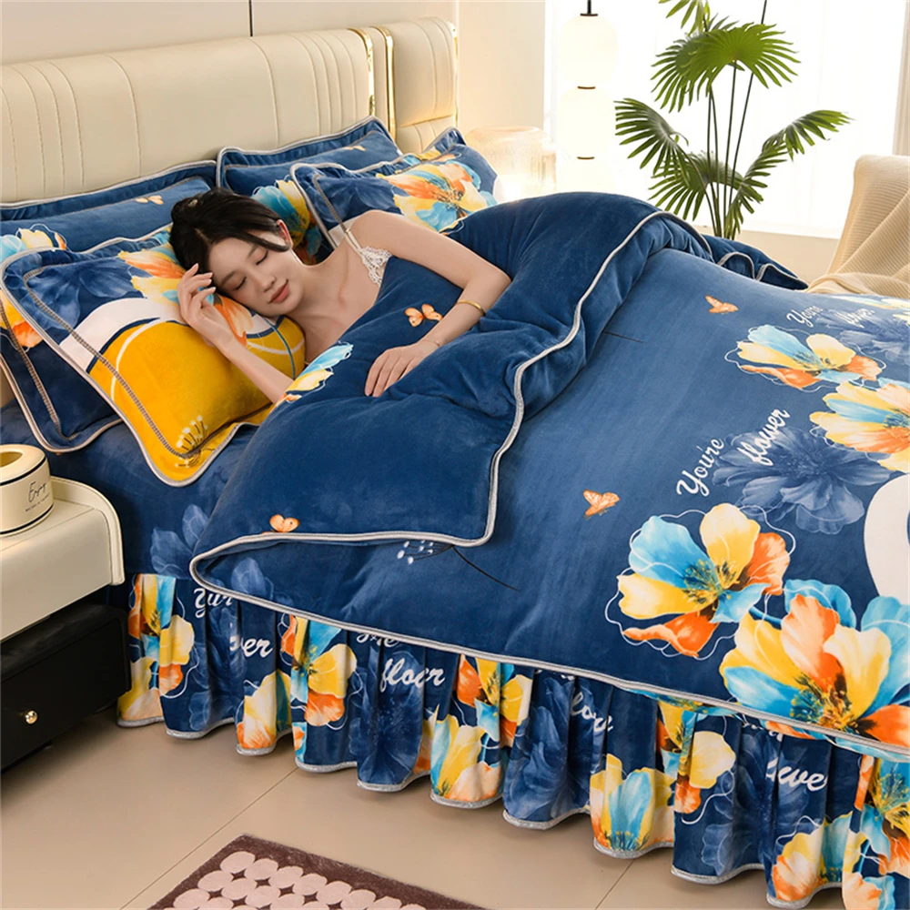 Light Luxury Milk Fleece Four-Piece Sets Pillowcase Quilt Cover Bed Sheet Winter Thickened Duvet Cover Bedroom Decor Bedding Set