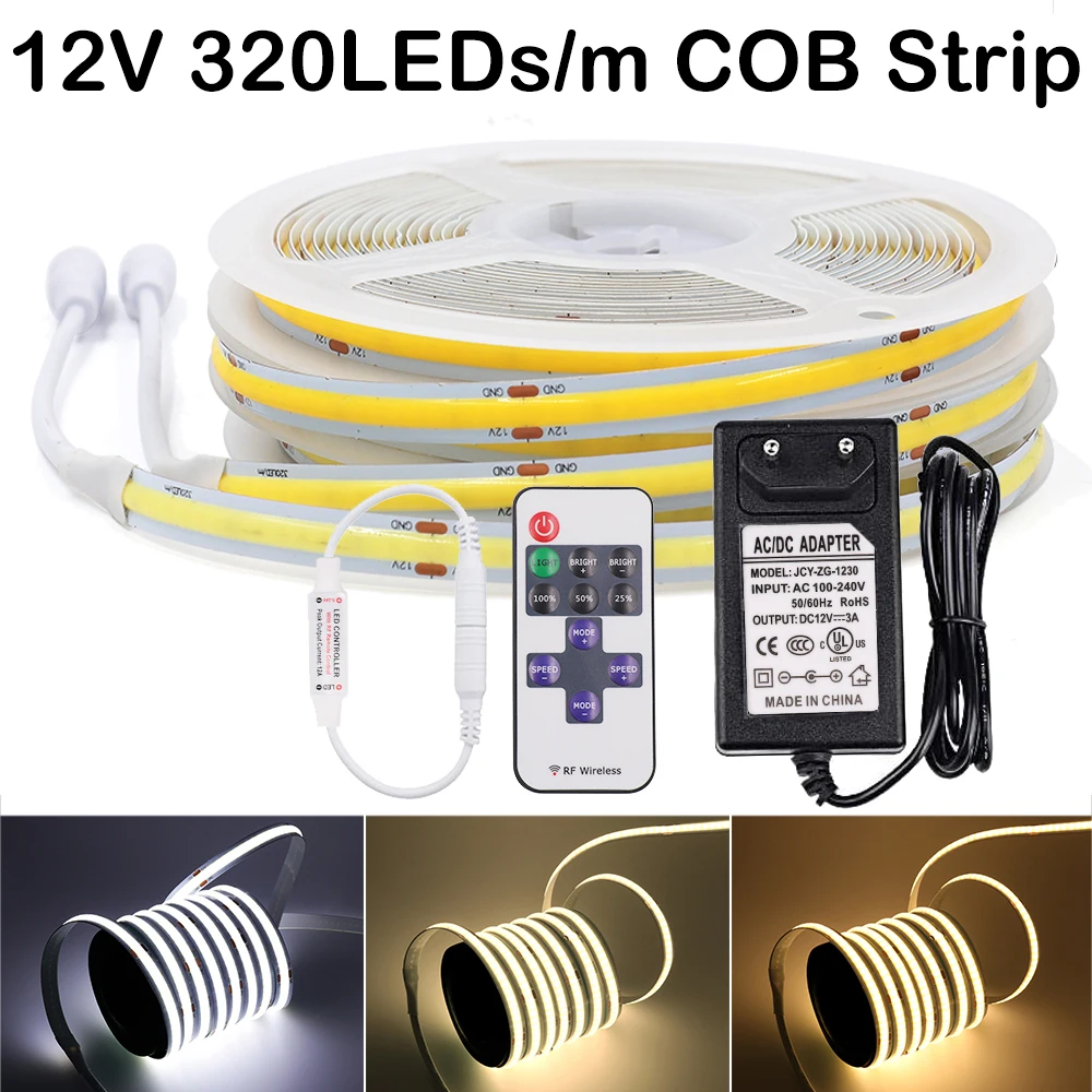 

Светодиодная лента COB, 12 В, 0,5 м, 1 м, 2 м, 3 м, 4 м, 5 м, теплый белый/натуральный белый/белый, 320 светодиодов/м, гибкая светодиодная лента для гостиной, кухни