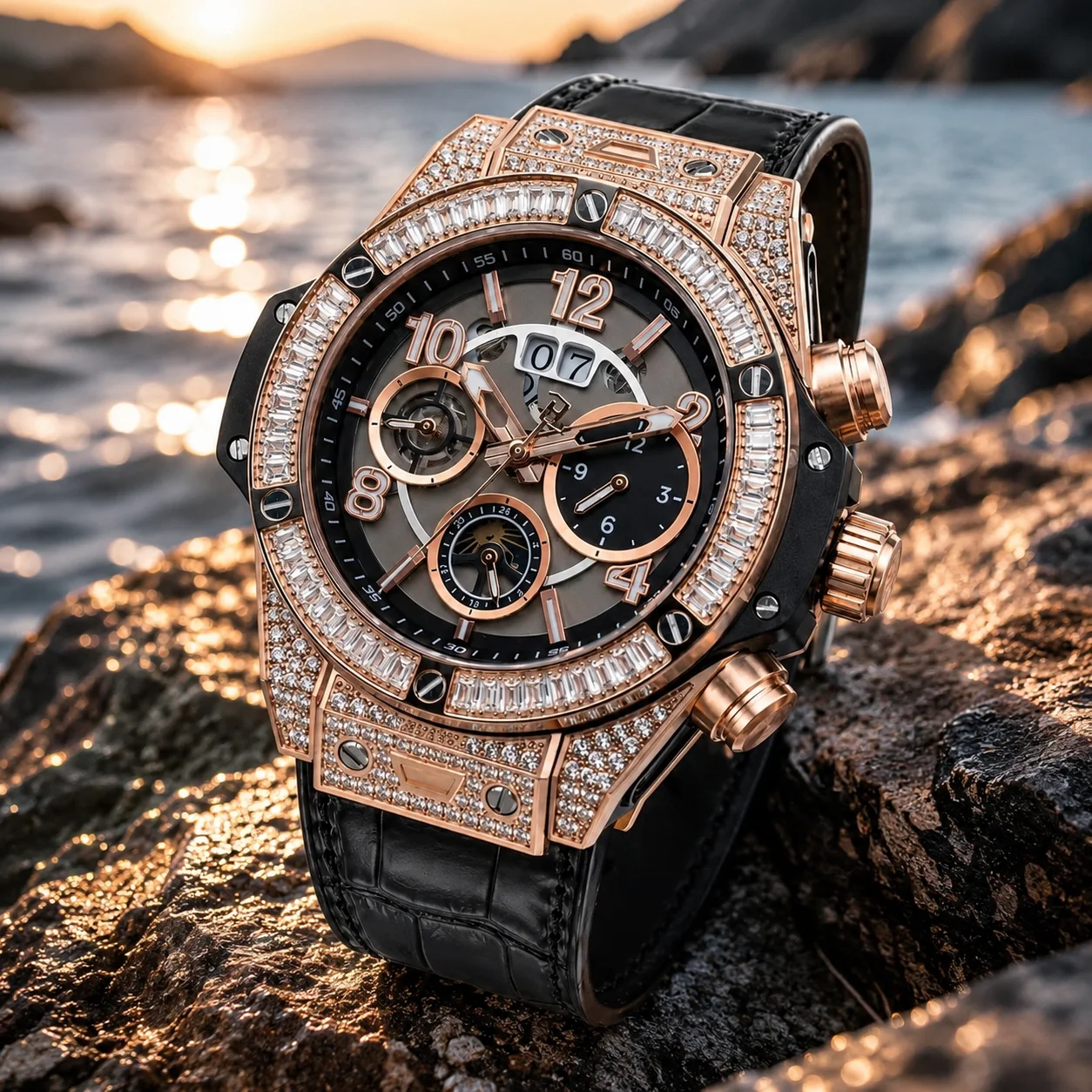 OBLVLO Men's Automatic Mechanical Watch – 48mm Large Dial, 24-Hour Display & Date – Diamond-Accented, Genuine Leather Strap