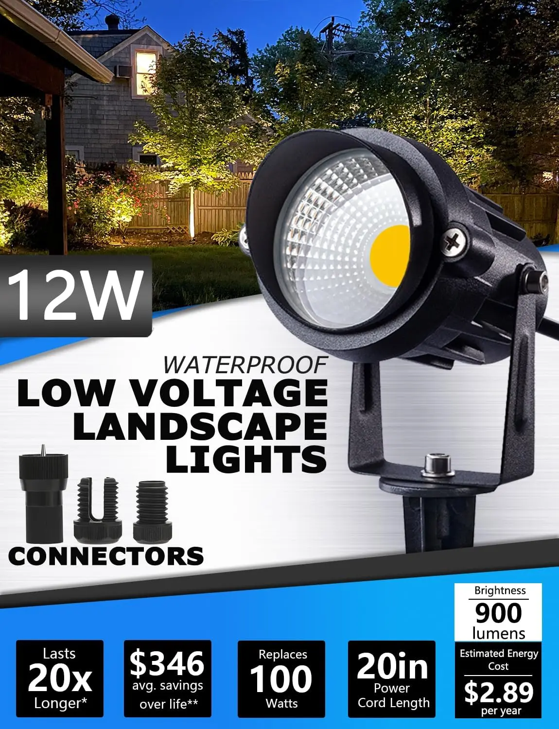 10 Pack 12W Low Voltage DC12V LED Landscape Lights Super Waterproof Garden Pathway Wall Tree Flag Spotlights with Spike Stand