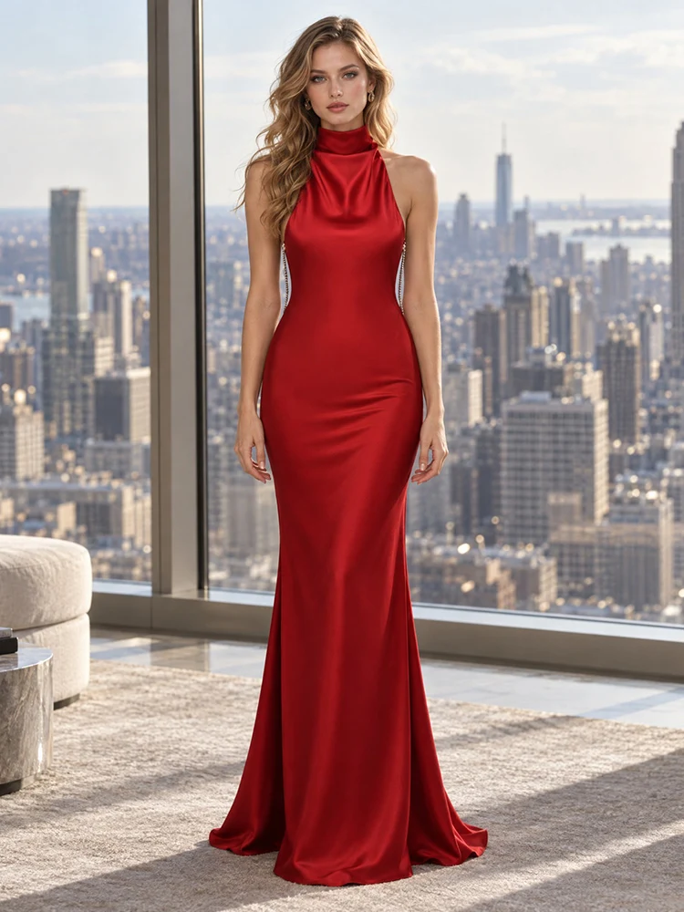Sexy Halter Neck Backless Beaded Chain Design Long Dress Women Red Black Sleeveless Slim Dresses Evening Party Gowns