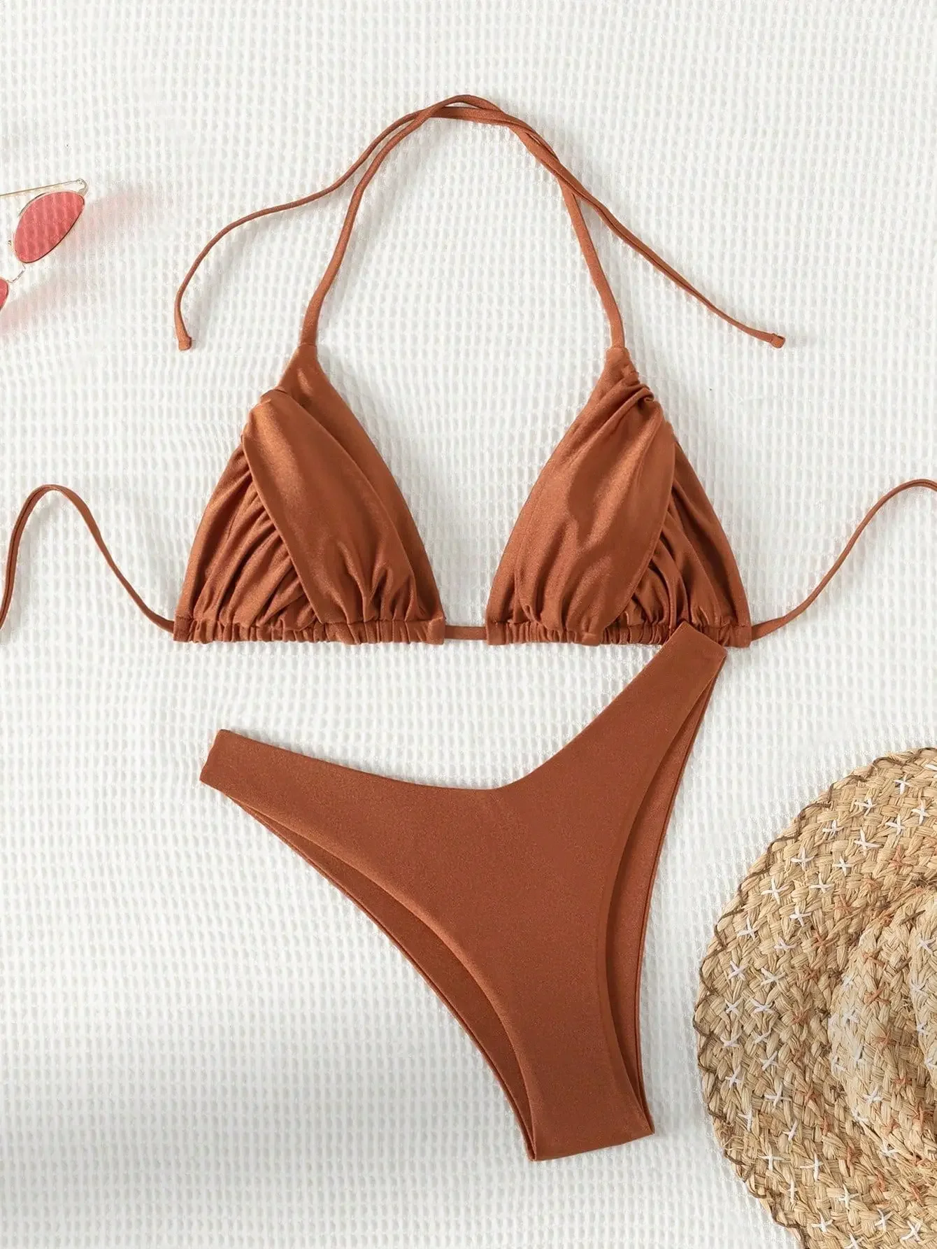 Solid Color Coffee 2 Piece Swimsuit for Women 2025 New Pleated Triangle Halter Backless Bikini Set Swimwear Beach Bathing Suit