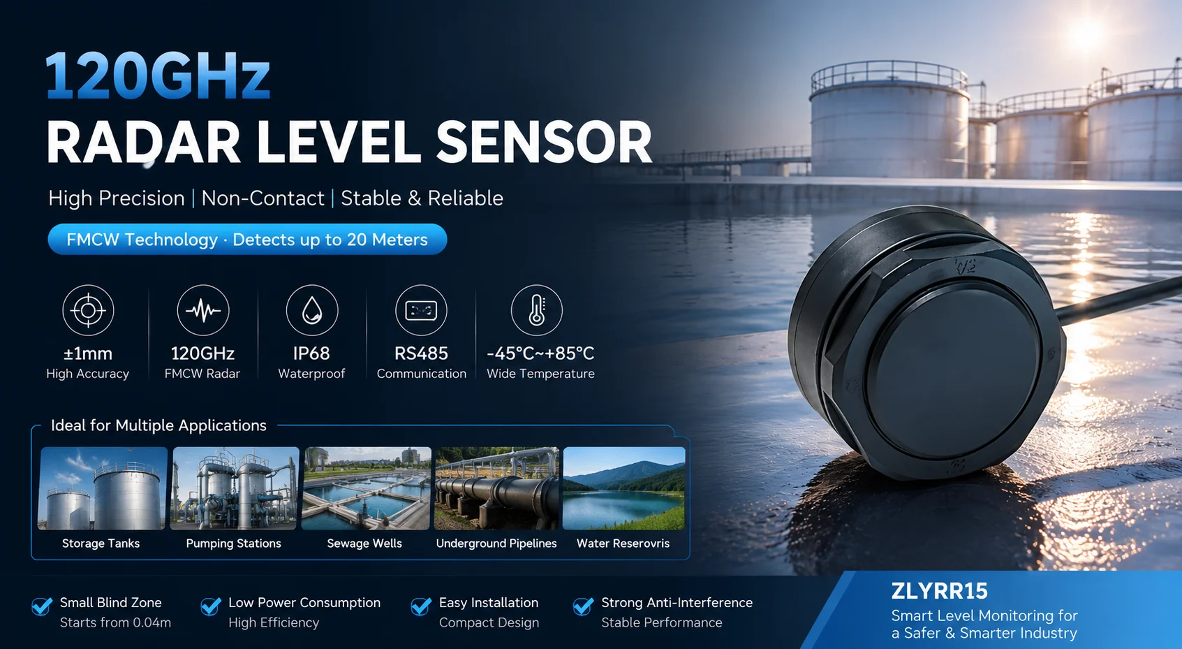 120GHz Radar Level Sensor FMCW Non Contact Liquid Level Sensor IP68 Waterproof ±1mm for Water Tank Industrial Monitoring