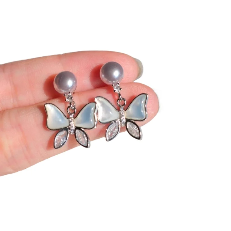 

Niche Cool Purple Grey Natural White Fritillary Butterfly Pearl Necklace Earrings Earrings