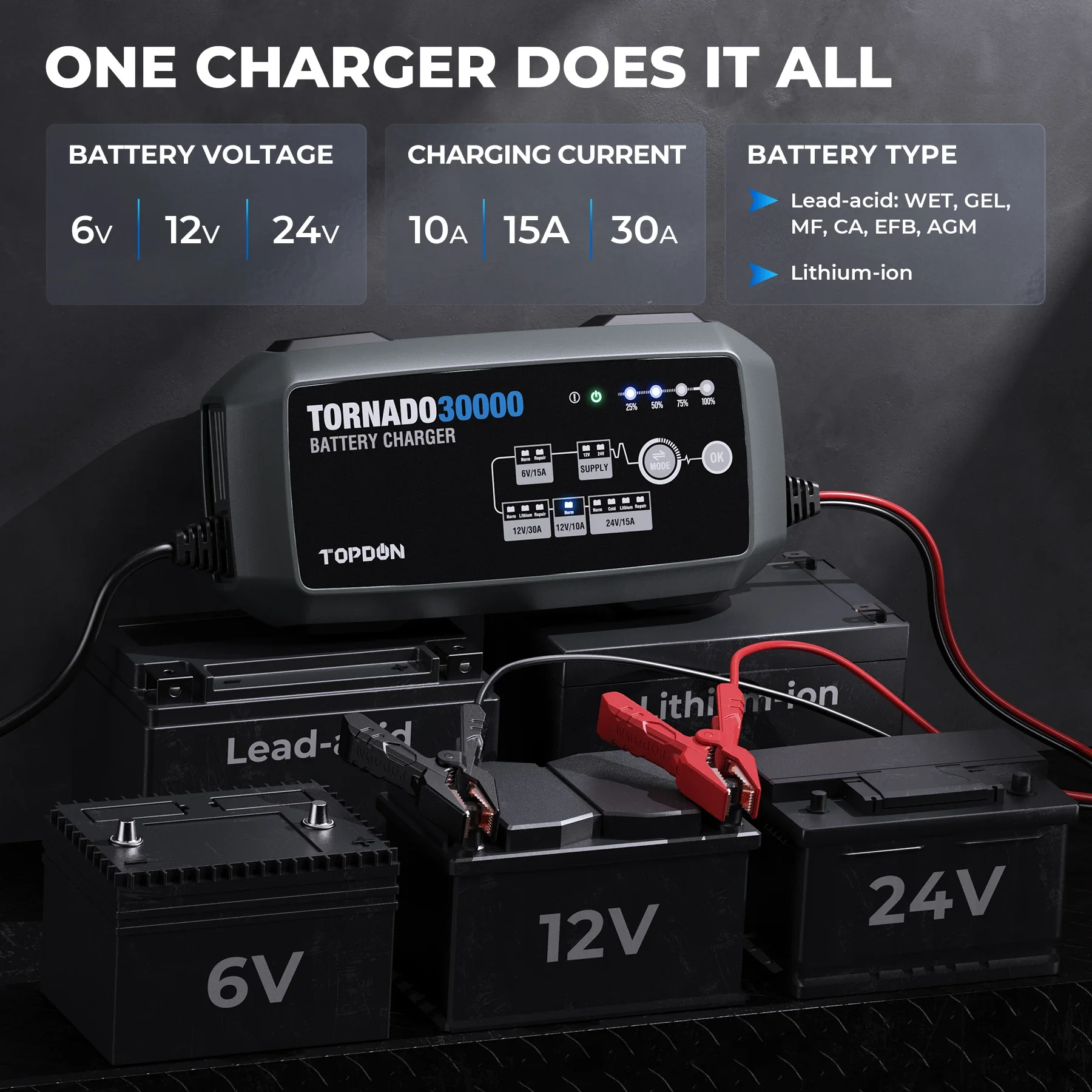 T30A 12V 24V 10A 15A 30A Universal Intelligent Automatic Truck Car Battery Chargers Repair 30A Auto Smart Battery Charger