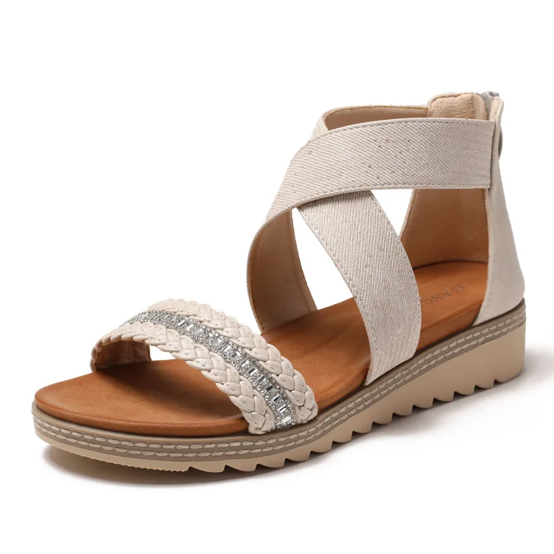 

Women's Thick Heel Sandals Multi-Strap Crossover Design Woven Texture Upper Decorative Strap Accent Slip-On Summer Shoes