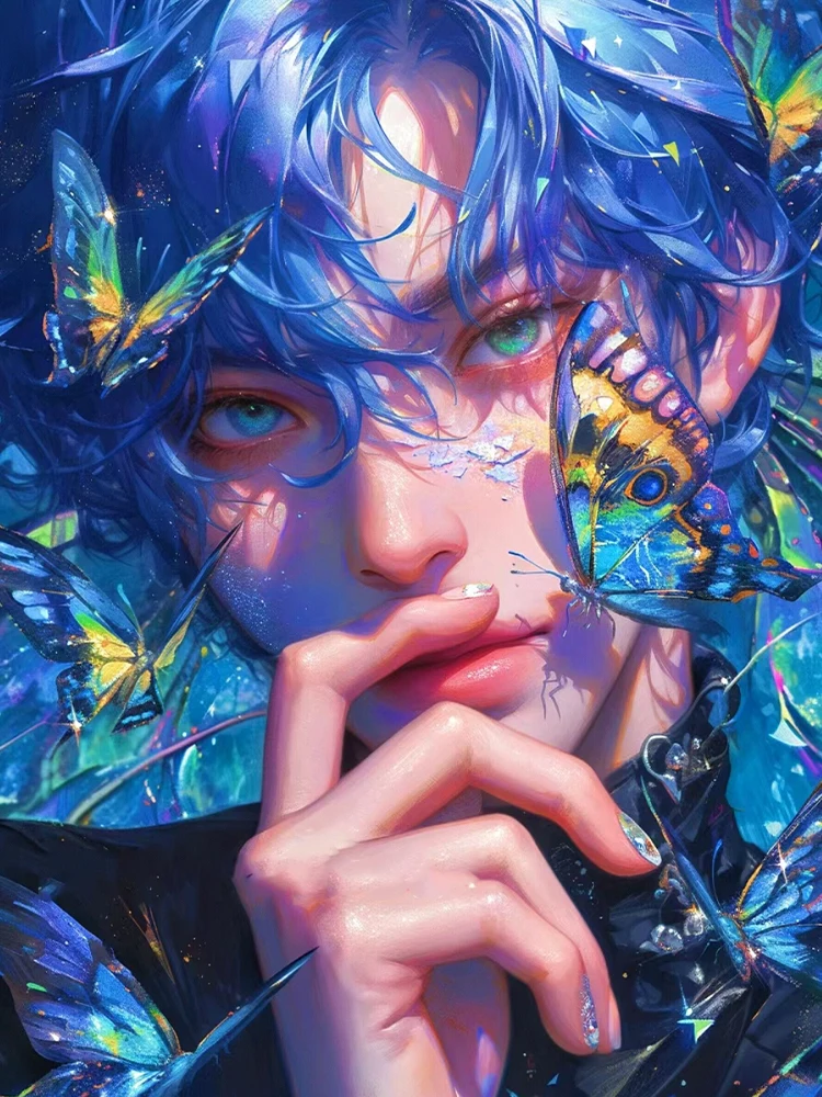 

Portrait Man Blue Hair with Butterfly 500/1000/1200/2000 PCS Jigsaw Puzzles Family Activity Games for Gameroom Bedroom Gifts