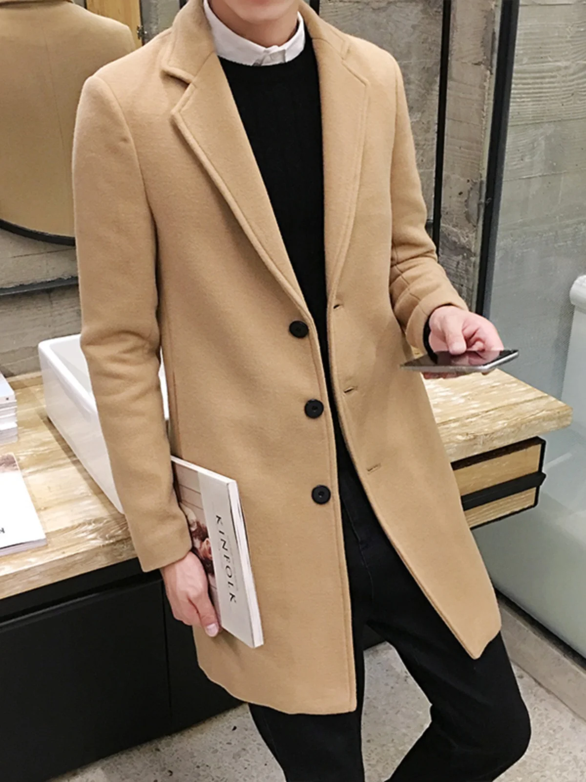 معطف صوفي عصري للرجال متوسط الطول سميك للخريف والشتاء أنيق مقاوم للرياح بأسلوب شبابي كاجوال بإغلاق بزر واحد #5