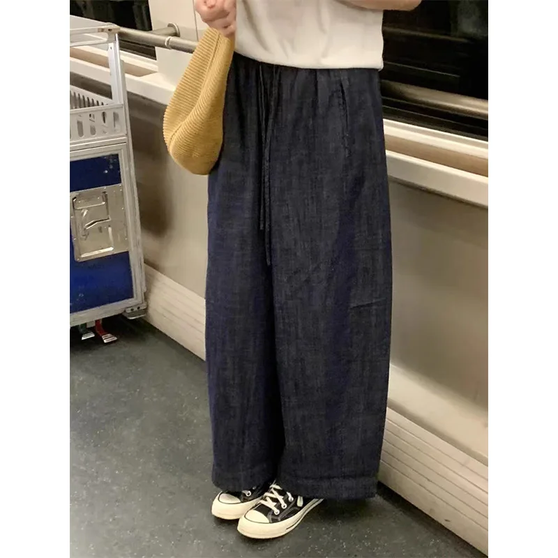 

Женские джинсы-палаццо с эластичной резинкой на талии, свободный крой, женские джинсовые модные удобные базовые простые повседневные вещи