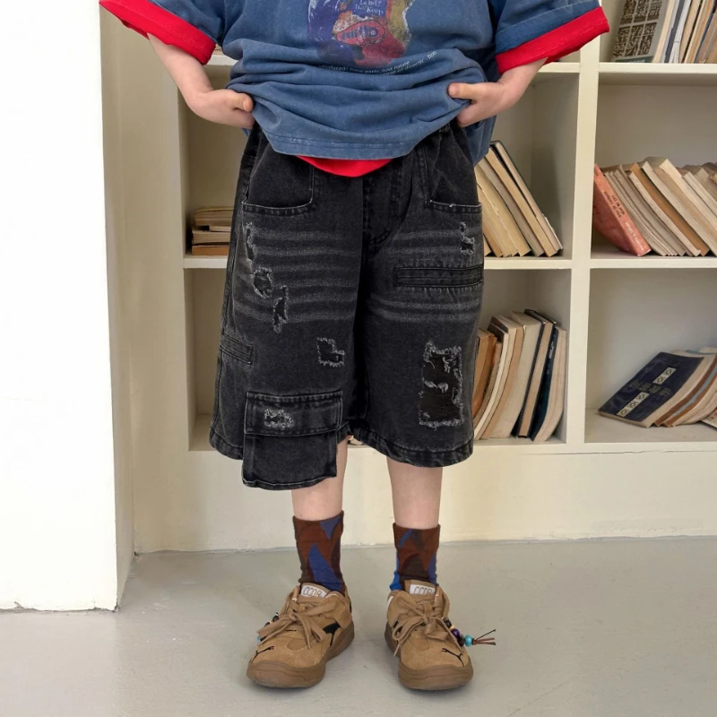

2026 Four Seasons Children's Hot Selling Heavy duty Dark Water Washed Matted Loose Cowboy Seven Part Pants