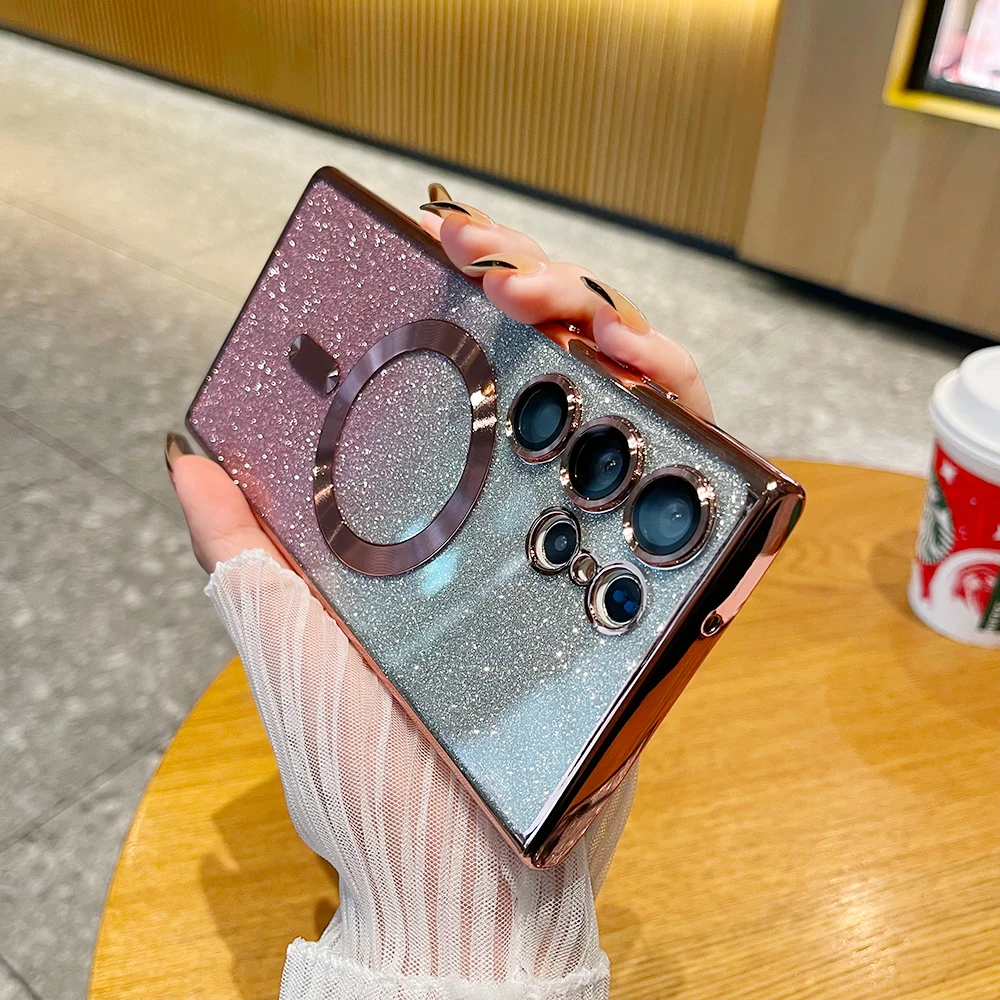 Luxury Glitter Wireless Charge For Samsung Galaxy S24 S23 S22 S21 Ultra Plus Case Magnet MagSafe Allround Camera Cover Shell