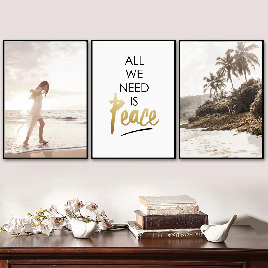 Beach Travel Landscape Wall Art Mural sea wave Canvas Painting Coconut Tree Poster Woman Flower Print Pictures Living Room Decor