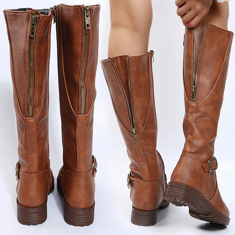 New Soft Leather Women Riding Boots Fashion Double Zipper Chunky Heels Shoes Brown Round Toe Casual Belt Buckle Long Boots Woman