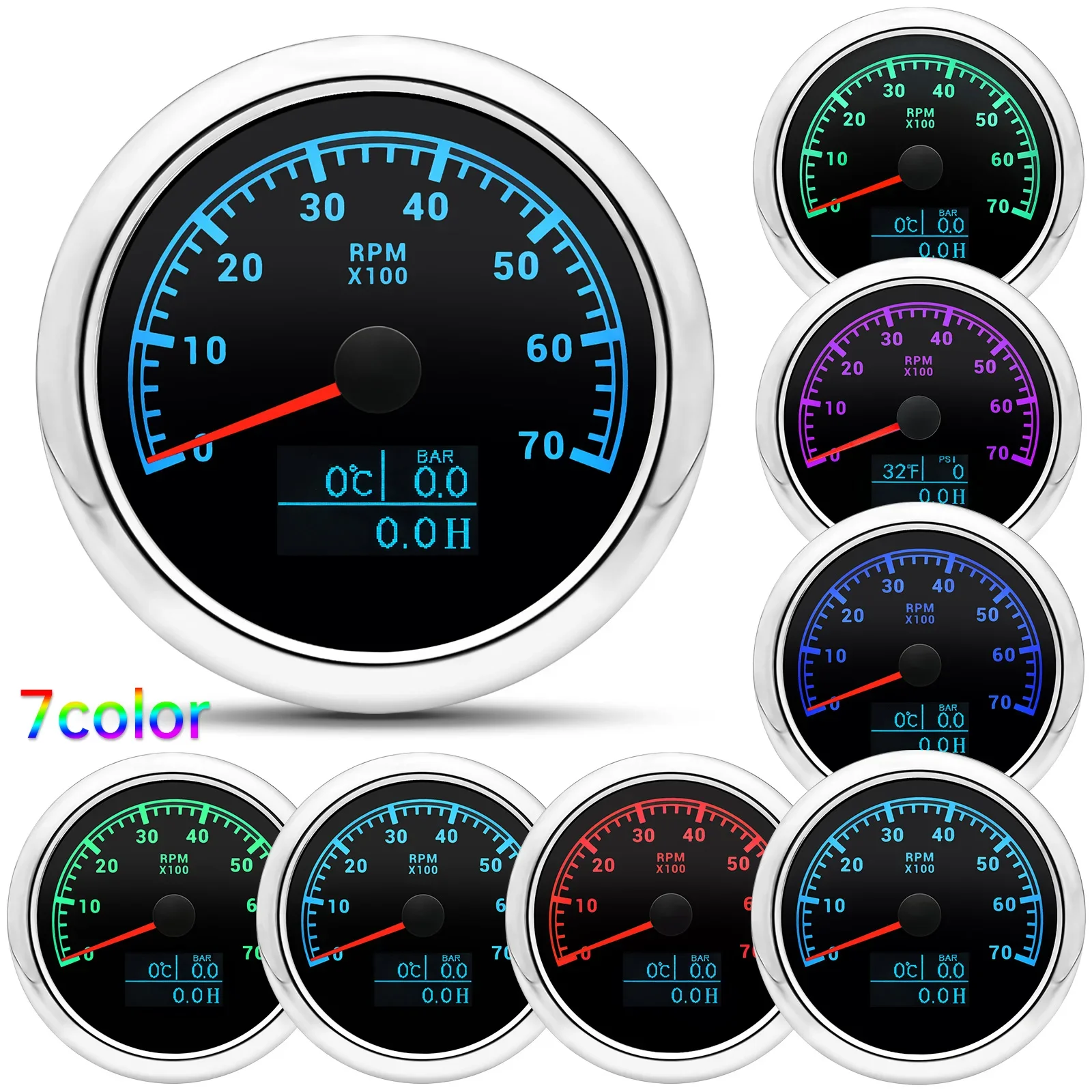 85mm 3000-8000rpm Tachometer +Water Temperature Gauge +Oil Pressure Meter 7 Color Backlight For Car Marine Boat 12V 24V