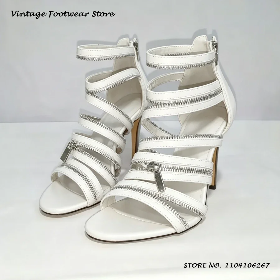 Strappy Zipper High Heel Sandals Punk Style Round Open Toe Thin Heels Shoes Women's Summer Plus Size Party Dress Stilettos