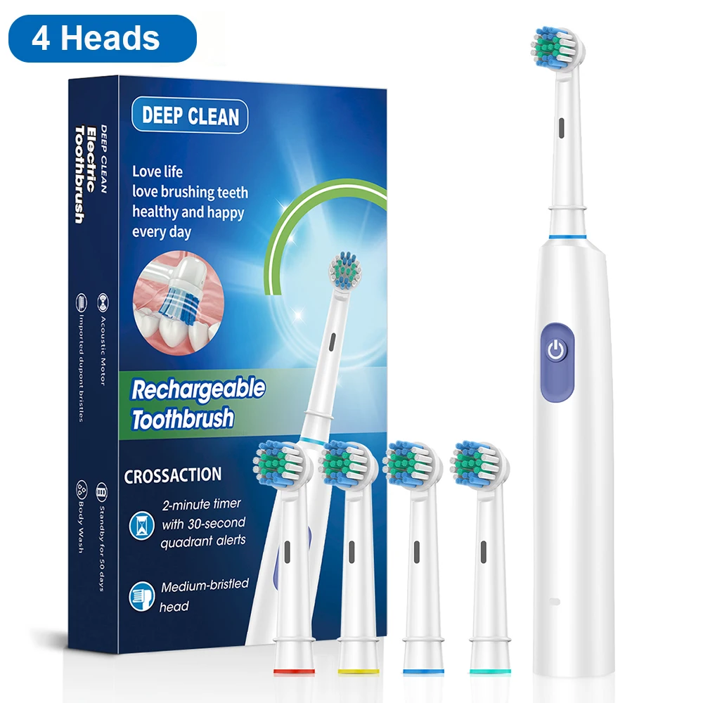 White 4 Heads Rotary Rechargeable Electric Toothbrush for Adults