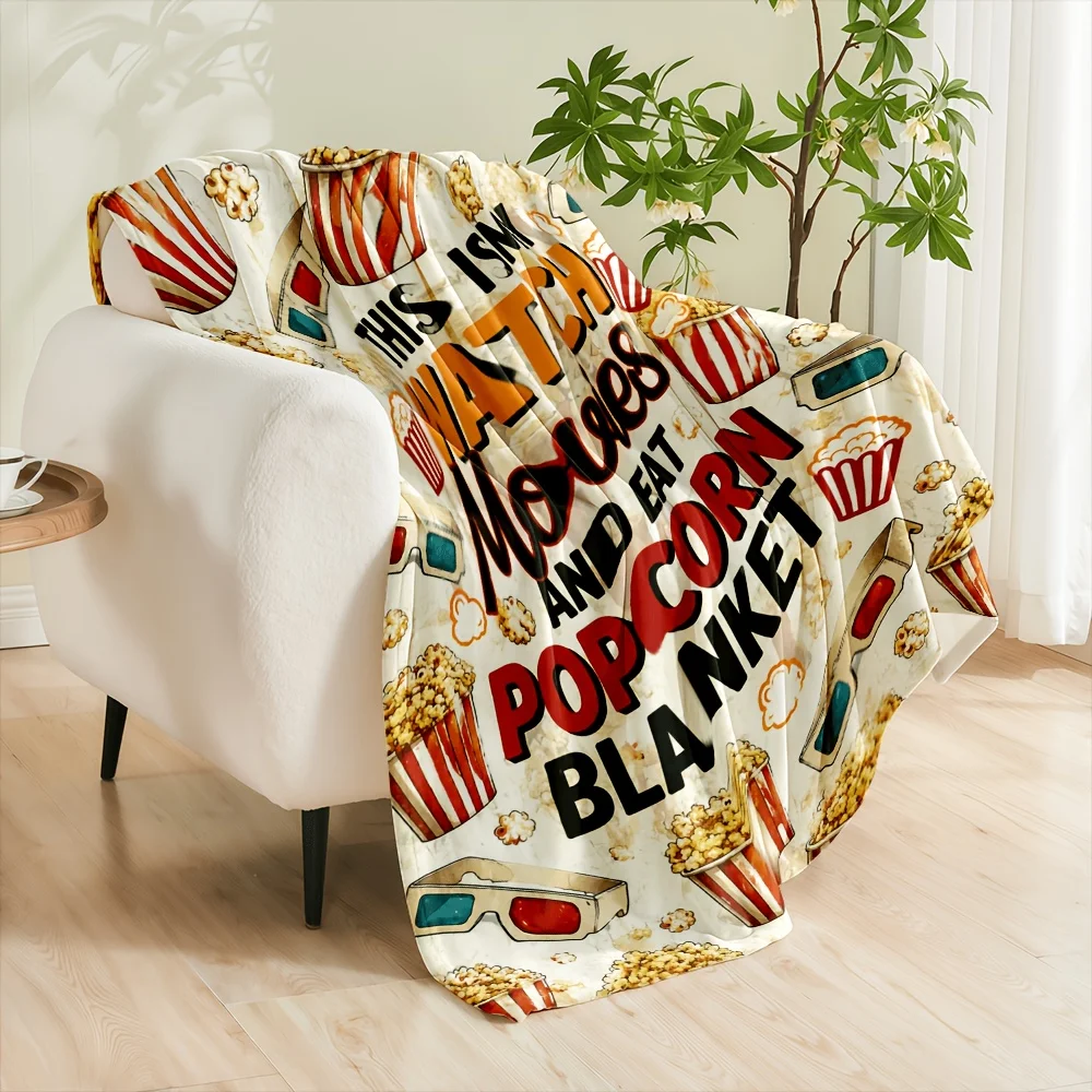1pc Popcorn Movie-Themed Blanket Suitable for Bed, Sofa & Car - Heavyweight 280GSM Flannel Throw with Popcorn Print, Machine Washable Cozy Bedspread for &, Soft Warm Gift for Movie Nights, Dorm, Office, - Use