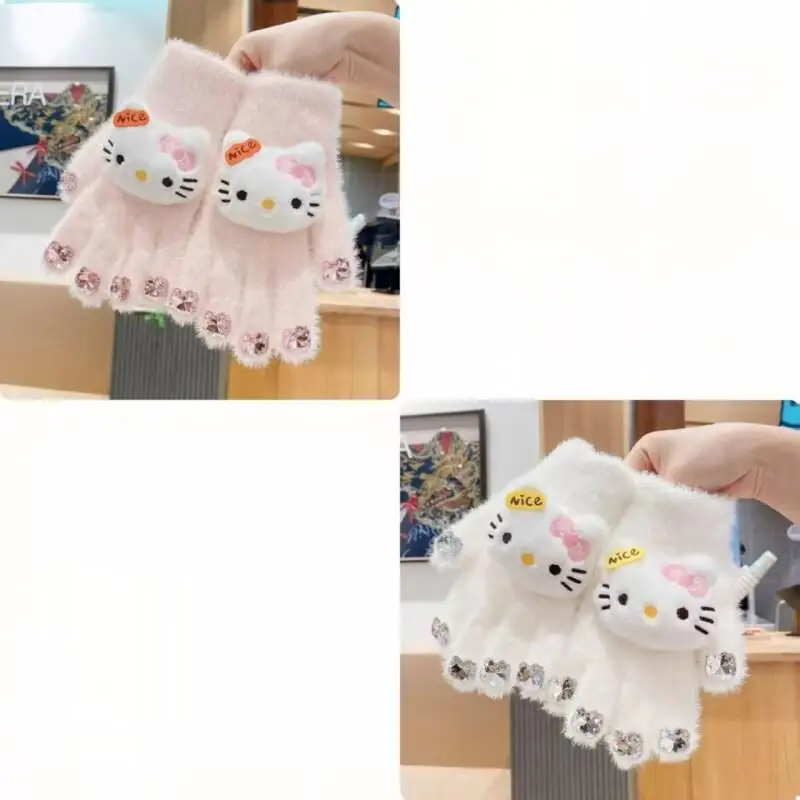 Детские перчатки Hello Kitty Sanrio, милые плюшевые теплые зимние перчатки Kt с бриллиантовыми украшениями, зимние подарки для детей