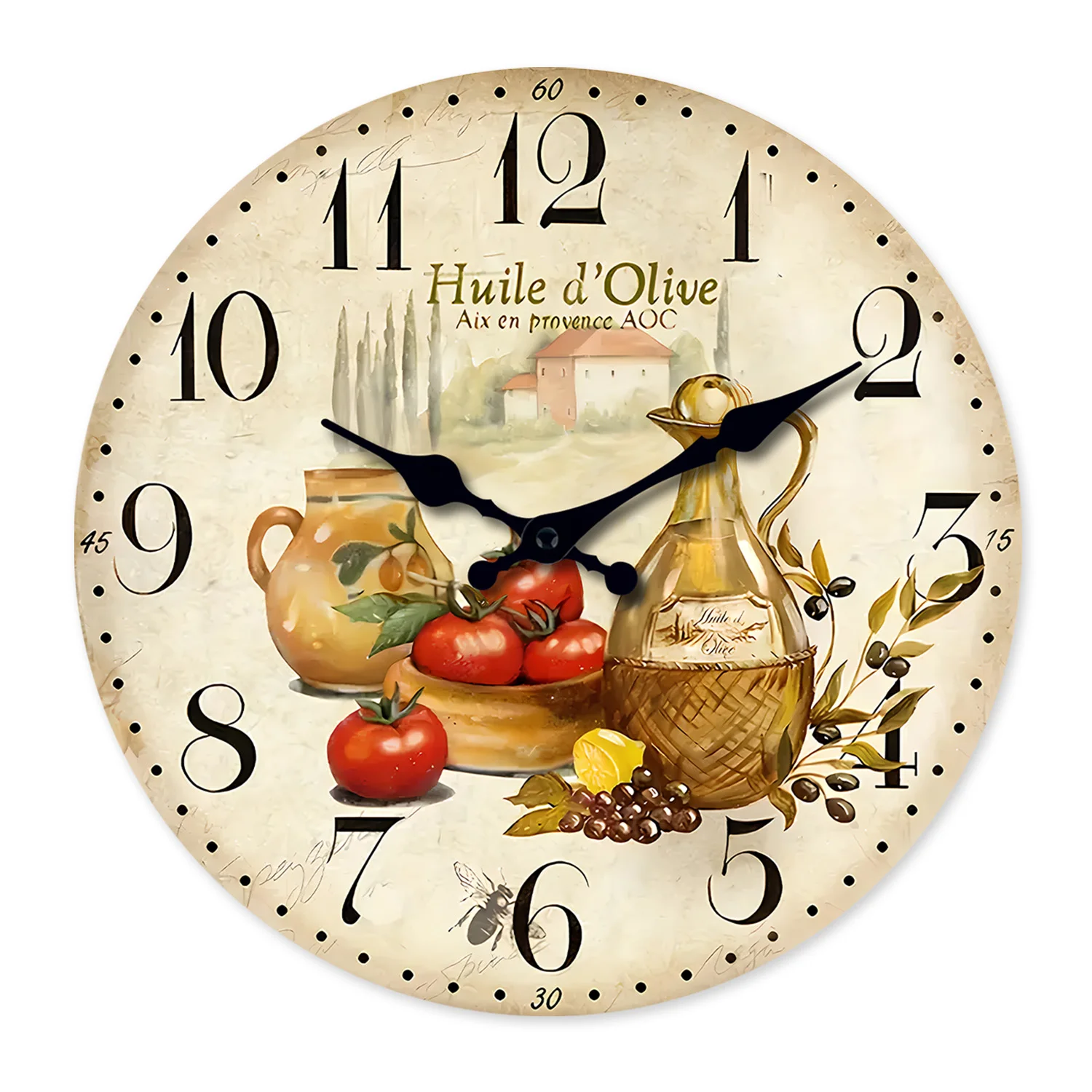 Reloj de Pared de Madera con Diseño Vintage de Aceite de Oliva y Tomate de Provenza, para Sala de Estar, Dormitorio, Cocina, Decoración del Hogar, Reloj de Cuarzo Silencioso, Regalo Festivo, 10 Pulgadas, 12 Pulgadas, 14 Pulgadas, 16 Pulgadas (Sin Batería)