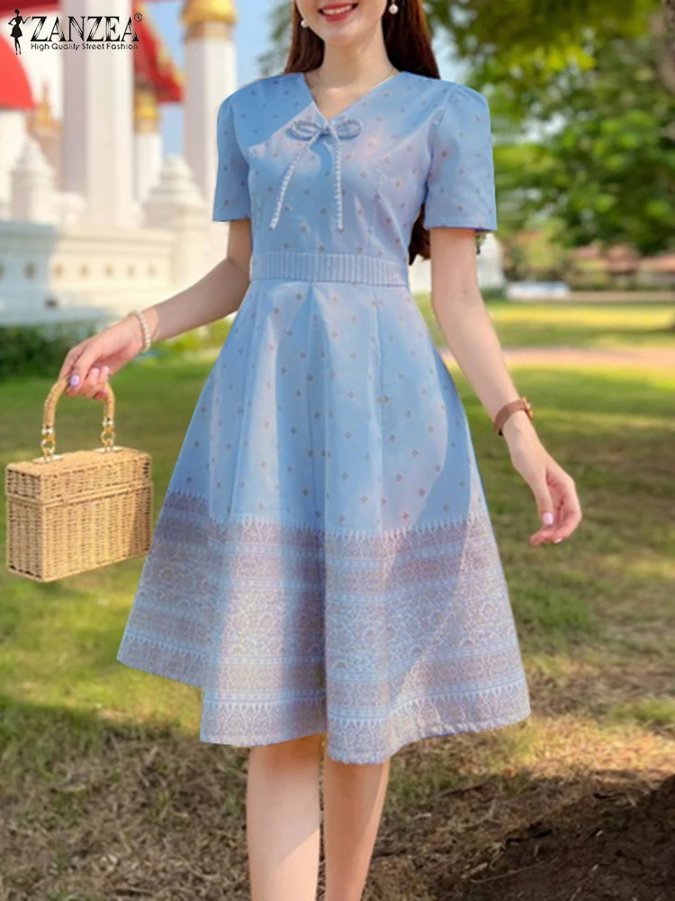 

2025 ZANZEA Bohemian Summer Dress Women Fashion Short Sleeve Print Sundress V-Neck Bow Casual A-Line Midi Vestidos Party Robe
