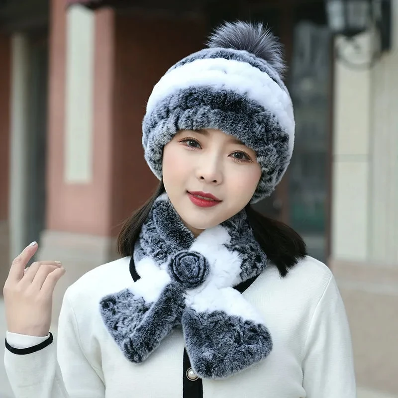 Women Winter Hat Imitation Otter Rabbit Hair Knitted Hat Korean Versatile Scarf Ladies Thickened Warm Ear Wool Hat Female Hat