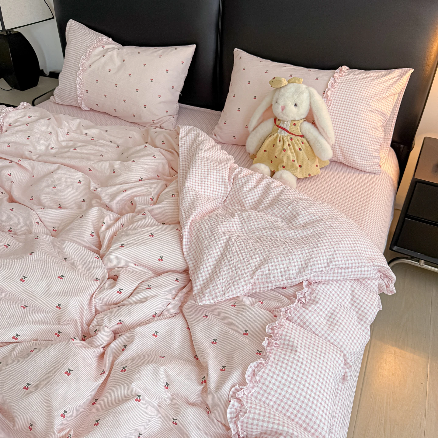 Korean Pink Gingham Bedding Sets With Cherry 2026 Cute Girls Striped Duvet Cover Wash Cotton Soft Bed Sheet Set Quilt Cover